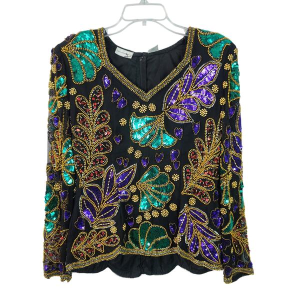 Saks Fifth Avenue Black Purple  Gold Red Silk Beaded Sequined Blink Top Shirt M - Picture 1 of 4